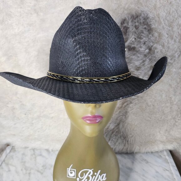 Vintage Mexican Wide Brim Black Sombrero Straw Cowboy Hat - Picture 2 of 11